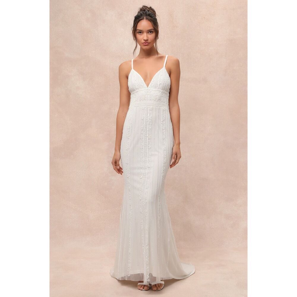 Lulus Luxe Stunning Vow White Beaded Sequin Maxi Dress Size L NWT Wedding